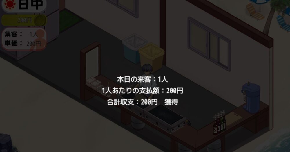 海の家経営とヒロイン交流を進めるゲームシステム画面